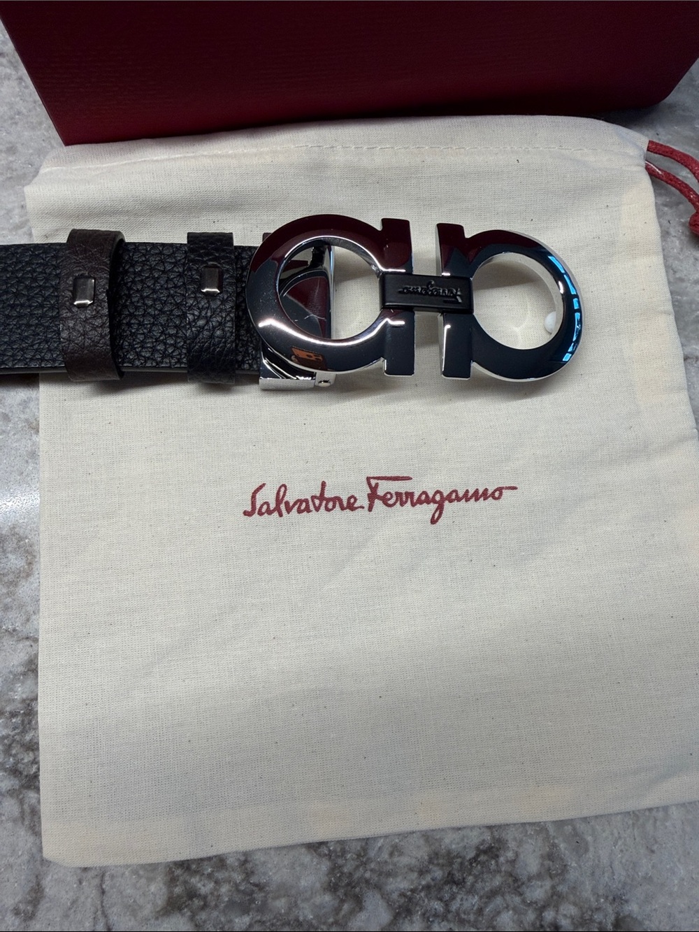 Salvatore Ferragamo Black Leather Men’s Belt with Silver Double Gancini Buckle
